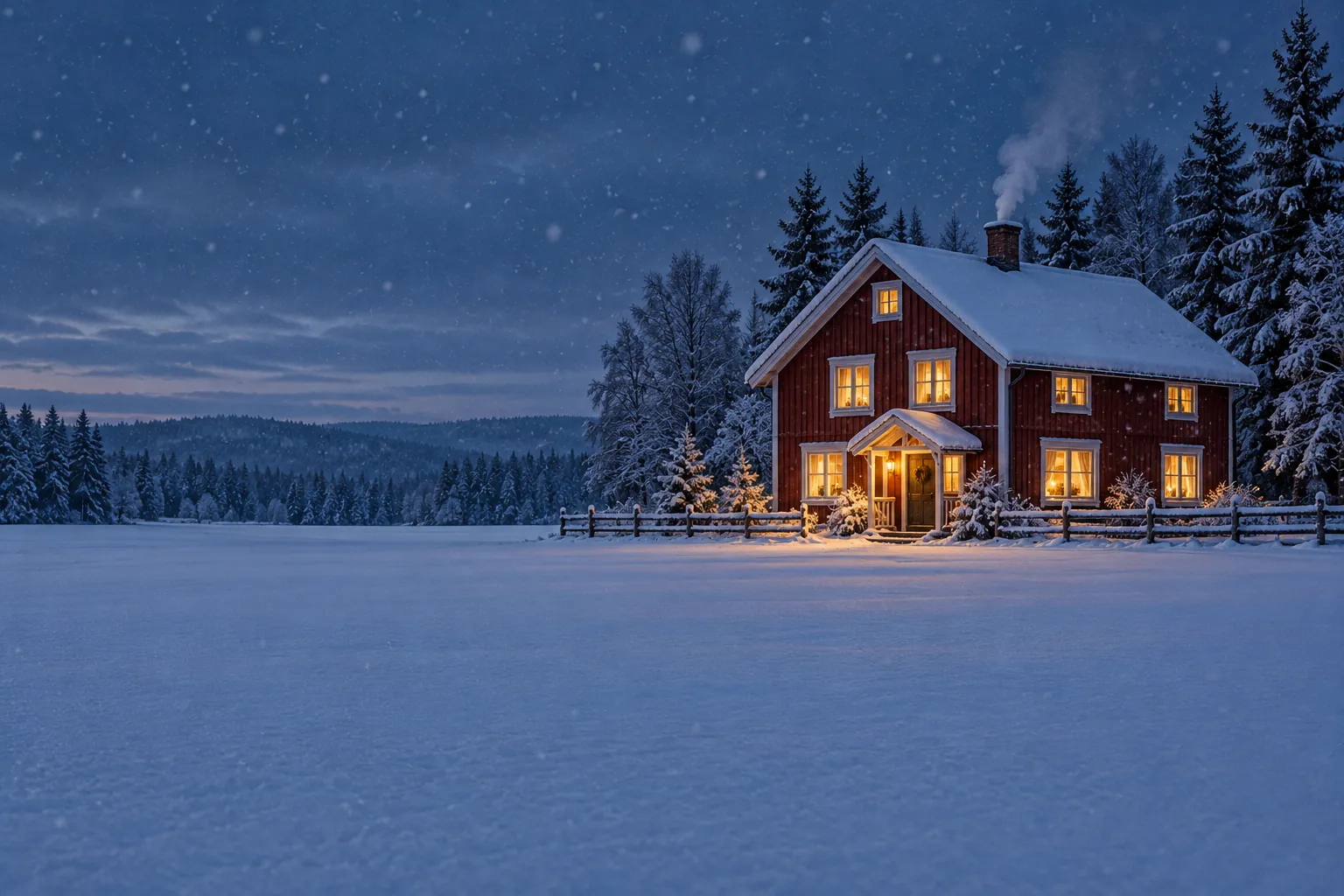 Ett falurött hus i snön i Dalarna med varmt ljus i fönstren, sett genom ett frostigt fönster.