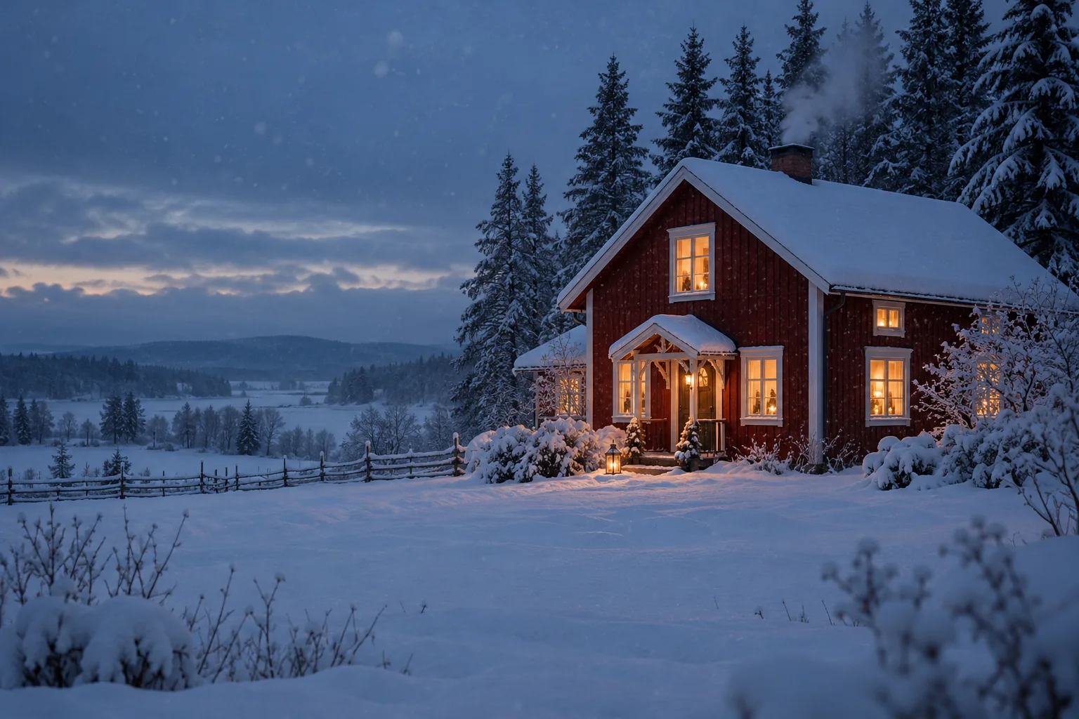 Ett falurött hus i Dalarna med tända fönster en snöig vinterkväll.